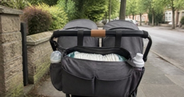 Große Wickeltasche am Zwillingskinderwagen
