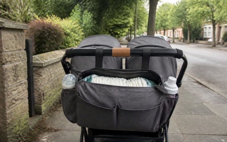 Große Wickeltasche am Zwillingskinderwagen